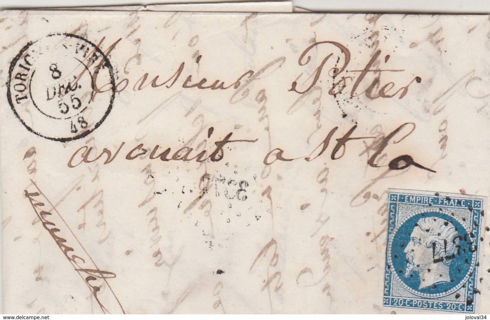 Yvert 14 Sur Lettre TORIGNY Sur Vire  Manche PC 3377 Du 8/12/1855 Pour St Lo - 1849-1876: Période Classique