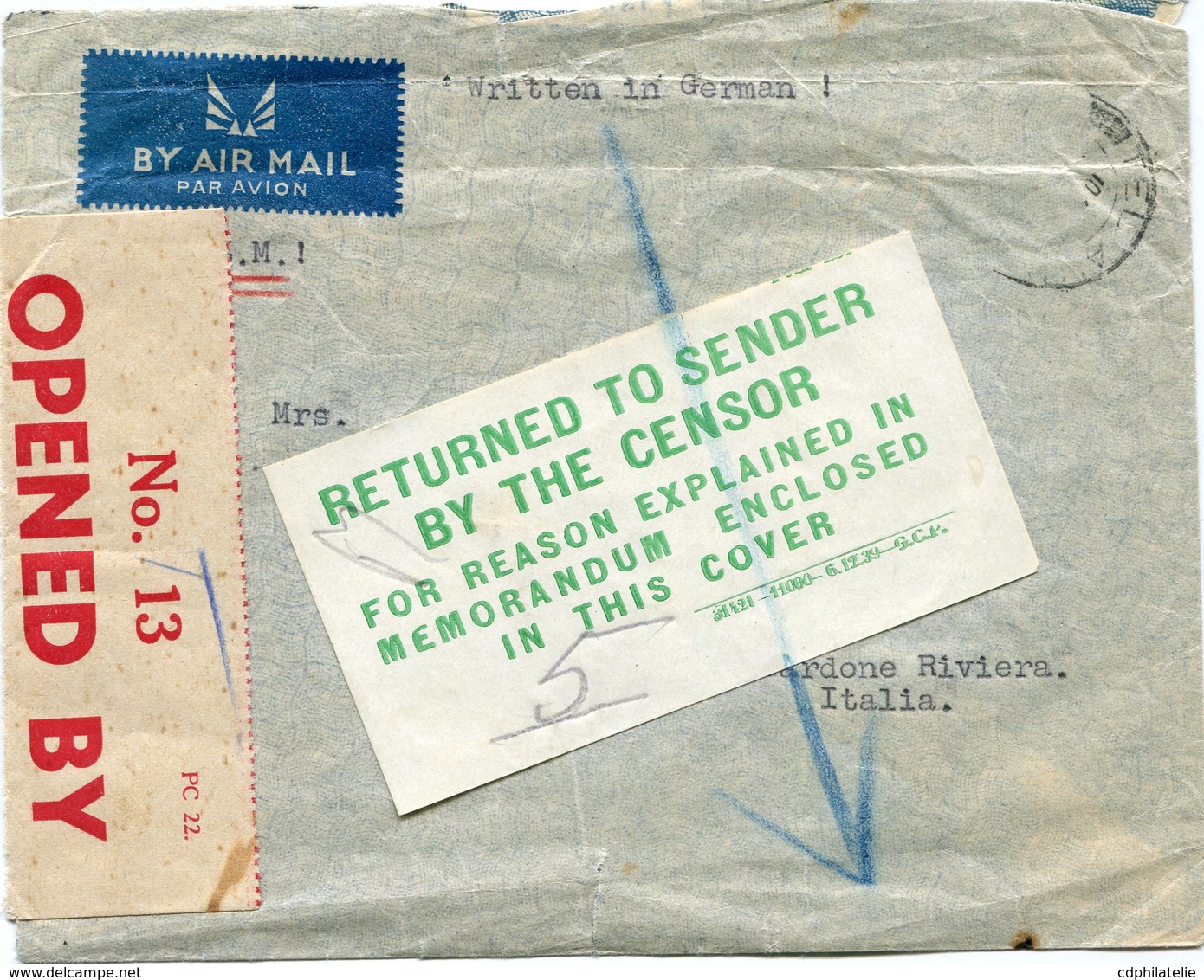 PALESTINE LETTRE PAR AVION CENSUREE AVEC ETIQUETTE "RETURNED TO SENDER BY THE CENSOR.. REASON EXPLAINED...IN THIS COVER" - Palestine