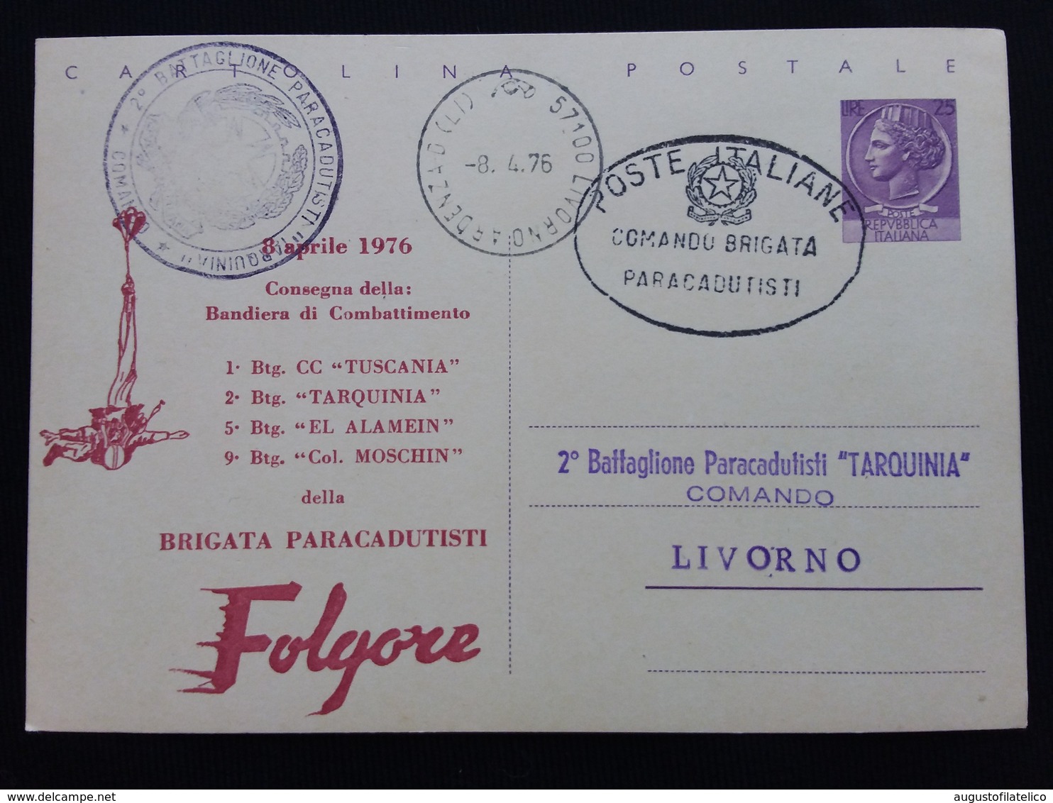 REPUBBLICA - Cartolina Postale Consegna Bandiera Da Combattimento Della Folgore + Spese Postali - FDC