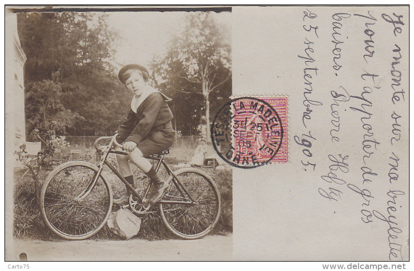 Sports - Photographie - Carte-Photo - Cycliste Vélo -  Jeune Garçon - 1905 Cachets Tessé La Madeleine Sèvres - Cycling