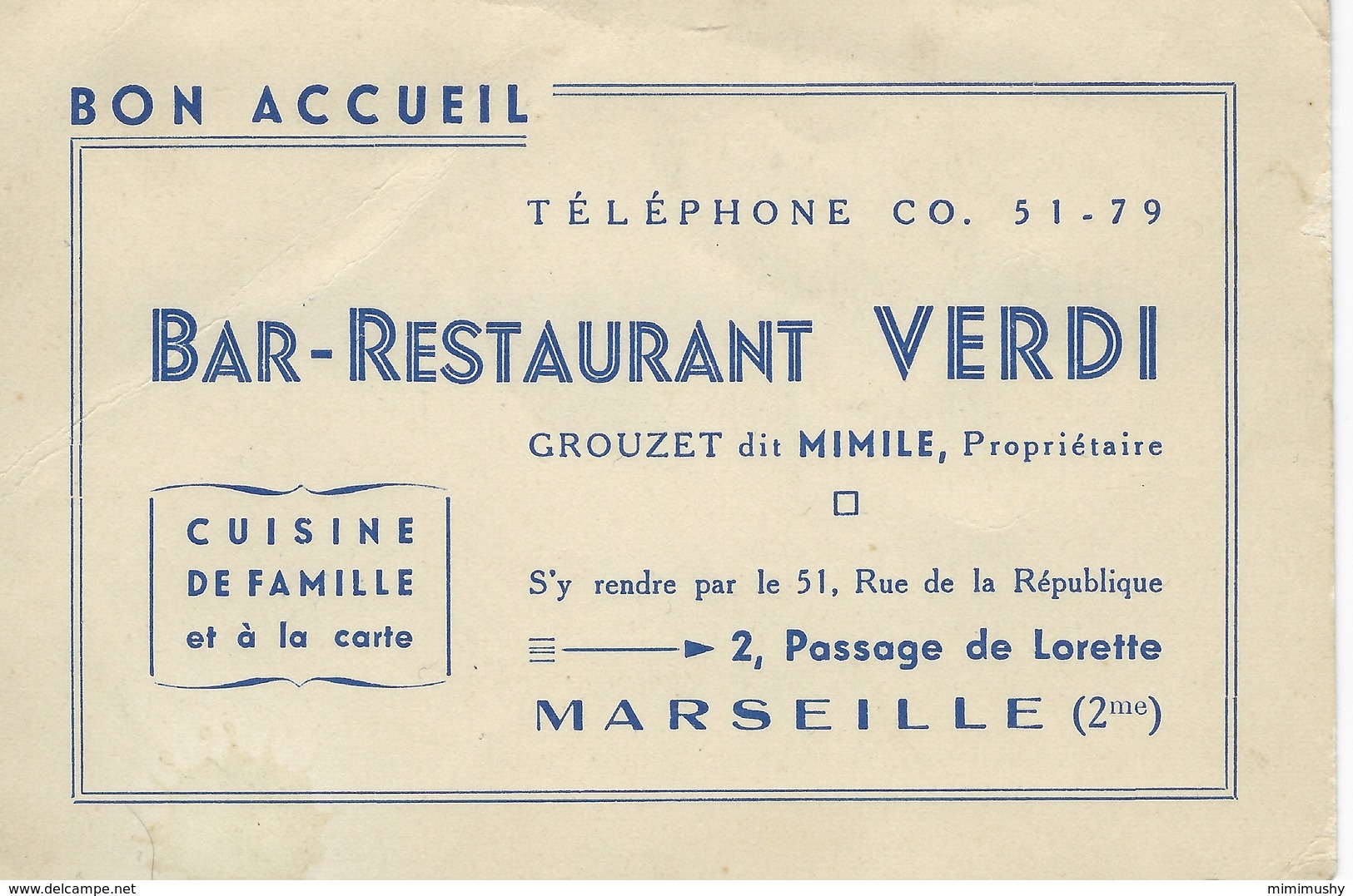 Carte De Visite Commerciale Publicité Bar Restaurant Verdi - Marseille - Cartes De Visite