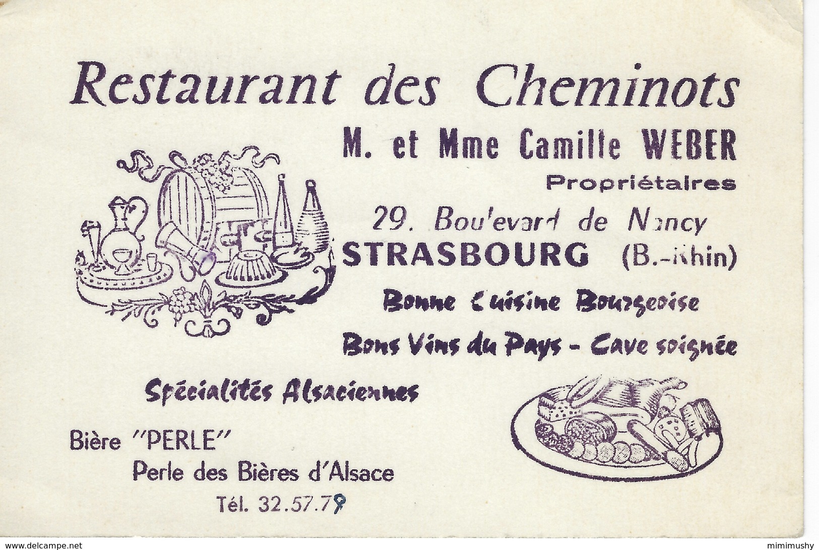 Carte De Visite Commerciale Publicité Restaurant Des Cheminots - Strasbourg - Cartes De Visite