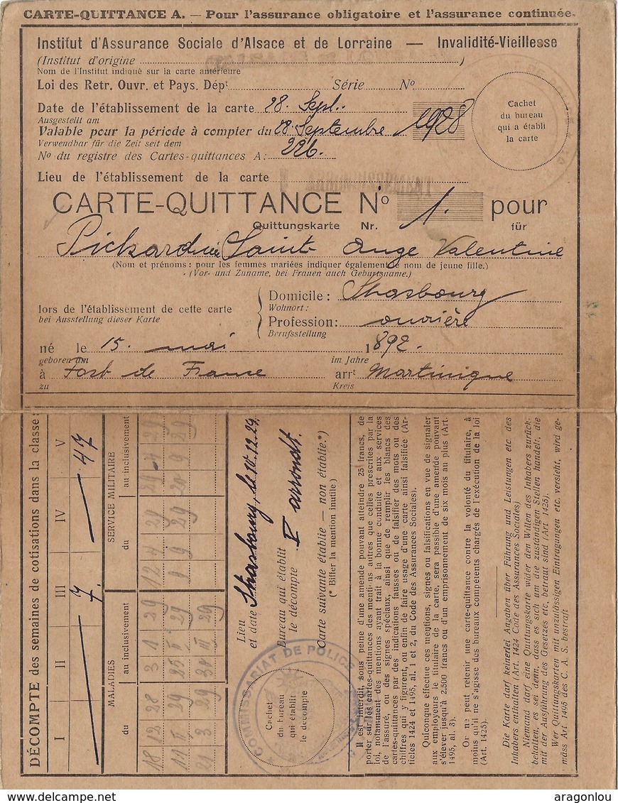 Carte-Quittance,Institut D'Assurance Sociale D'Alsace Et  Lorraine,Strasbourg,28.9.1928(4scans) - Documents Historiques