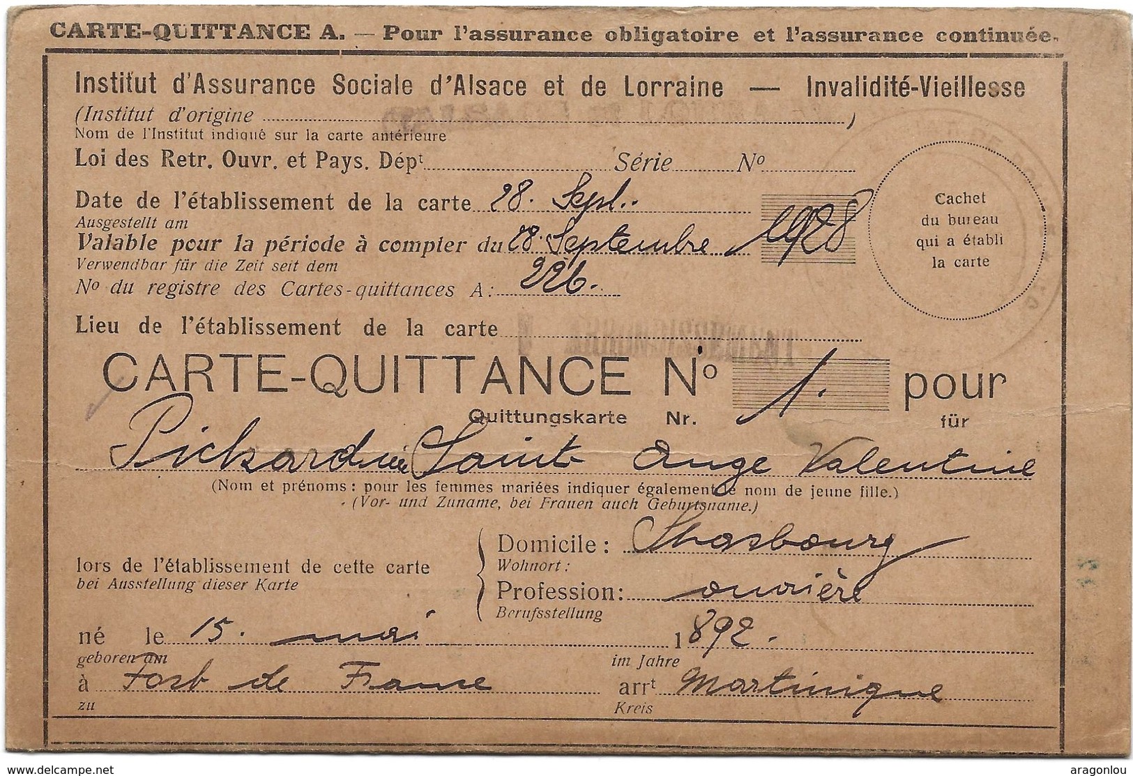 Carte-Quittance,Institut D'Assurance Sociale D'Alsace Et  Lorraine,Strasbourg,28.9.1928(4scans) - Documents Historiques