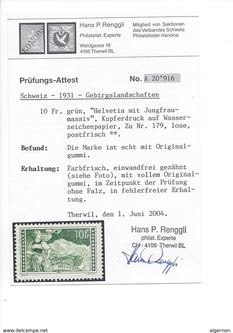 20242 -  Schweiz 1931 Gebirgslandschaften 10 Fr Paysage Helvetia Et Jungfrau Zu N° 179  Avec Attestation - Neufs