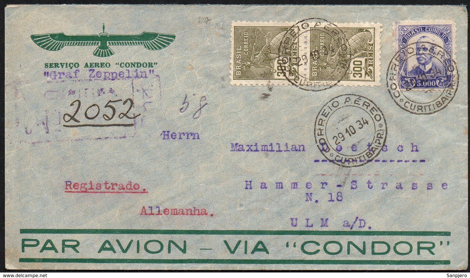 GRAF ZEPPELIN LETTER 1934, CURITYBA BRASIL TO ULM GERMANY - Dirigibili