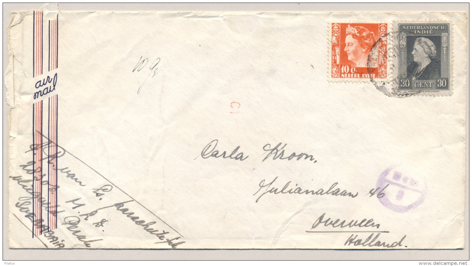 Nederlands Indië - 1946 - 10 En 30 Cent Mixed Franking Op Censored Cover Van Batavia Naar Overveen / NL - Nederlands-Indië