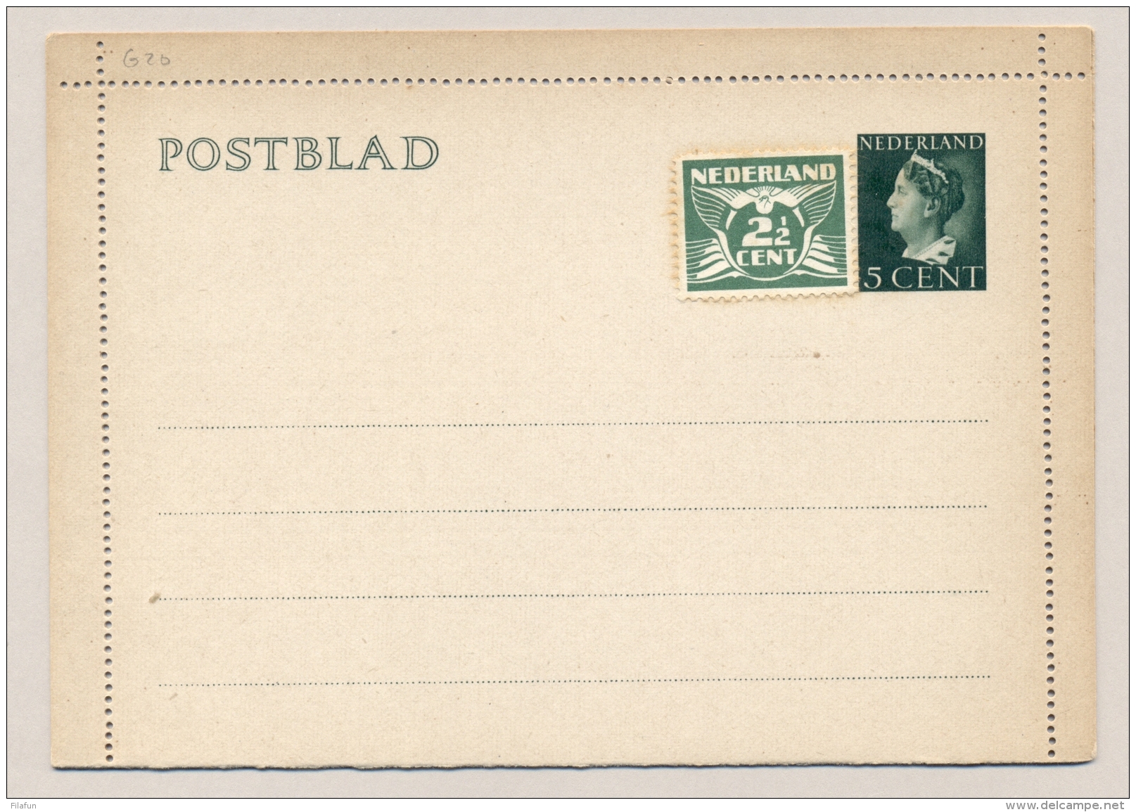 Nederland - 1940 - 5 Cent Konijnenburg, Postblad G20 - Ongebruikt Met Extra Zegel - Postal Stationery