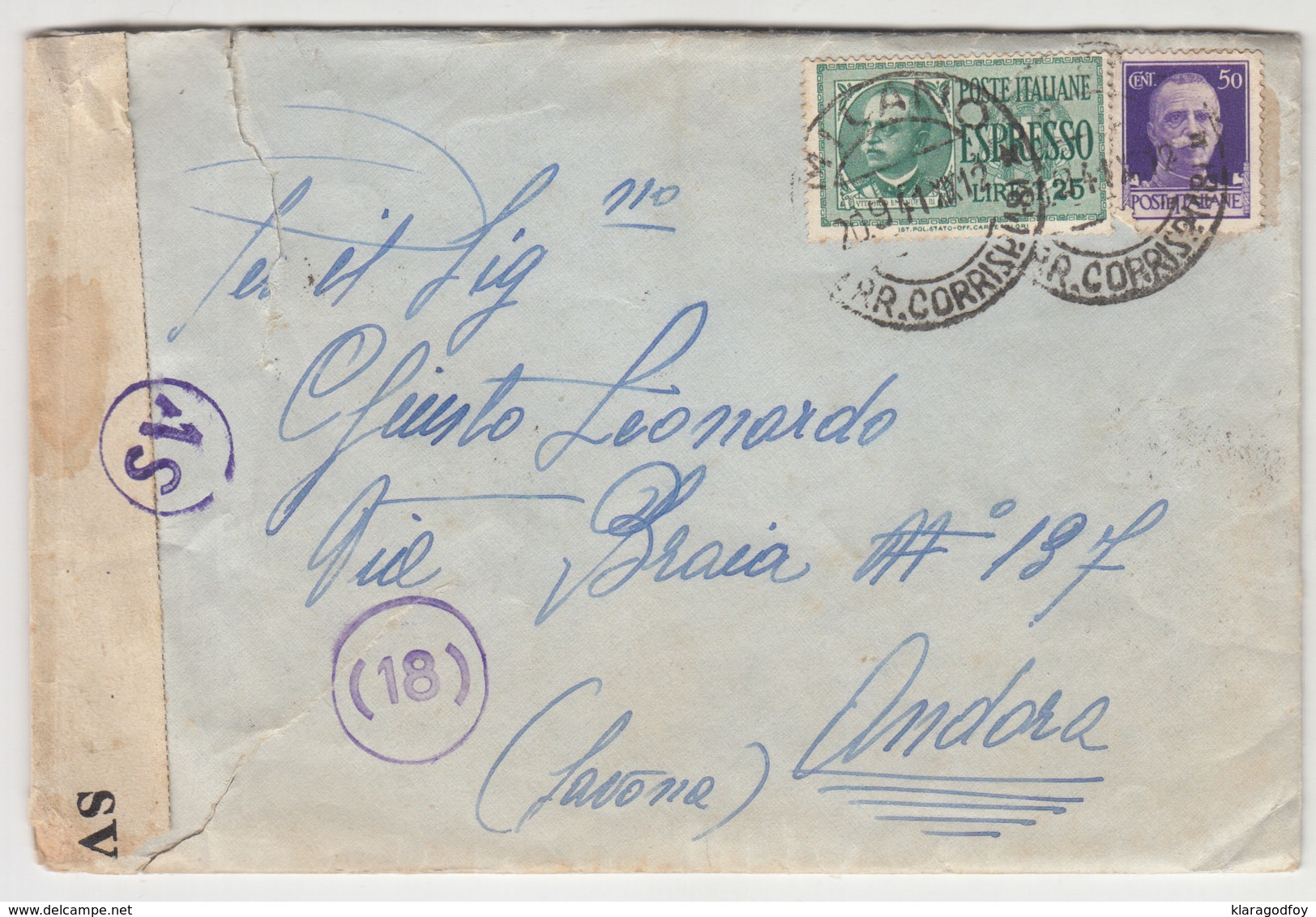 Italy, Letter Cover Censored Travelled 1941 Milano To Andora, Savona B180710 - Marcofilie