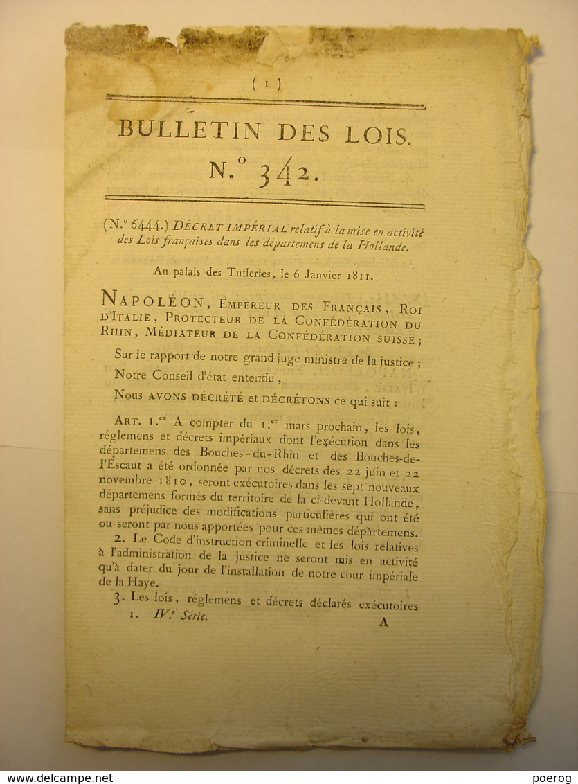BULLETIN DES LOIS DE 1811 - AMPLEPUIS CONSEIL PRUD'HOMMES - HOLLANDE - CHARBON - COSTUMES COURS TRIBUNAUX - GARE COLOGNE - Decrees & Laws