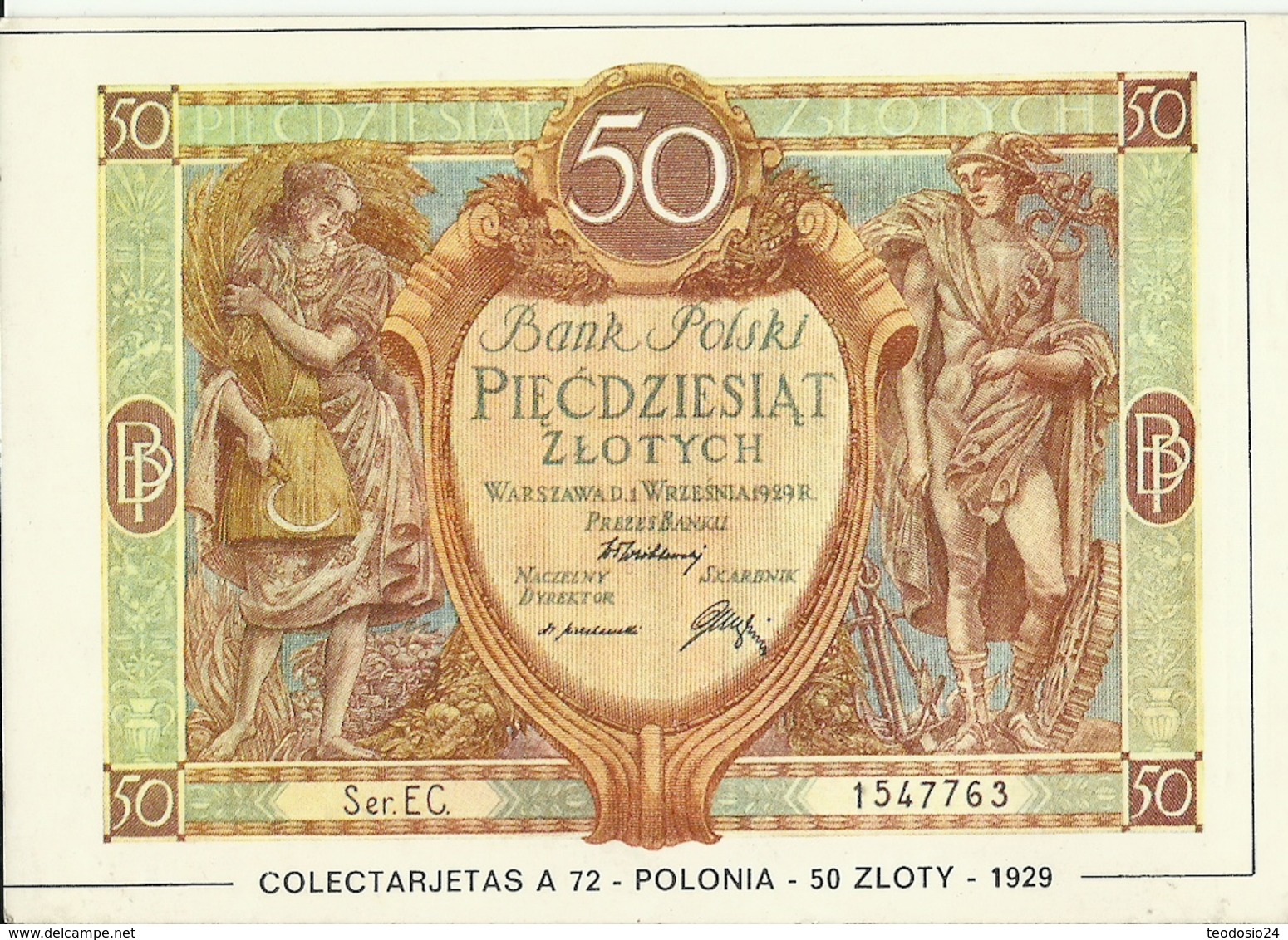 POSTAL 50 ZLOTY POLONIA 1929 - Monnaies (représentations)