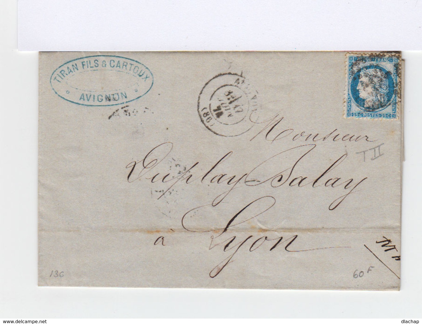 Sur Lettre. Type Céres 25 C. Bleu Oblitéré. (573) - 1849-1876: Période Classique