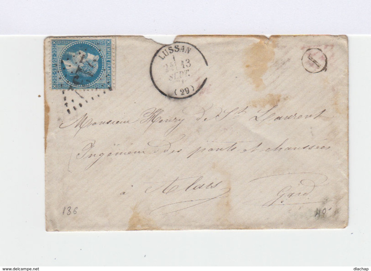 Sur Lettre. Napoléon III Lauré 20 C. Bleu Type II. Oblitération Losange Pros Chiffres. (575) - 1849-1876: Période Classique