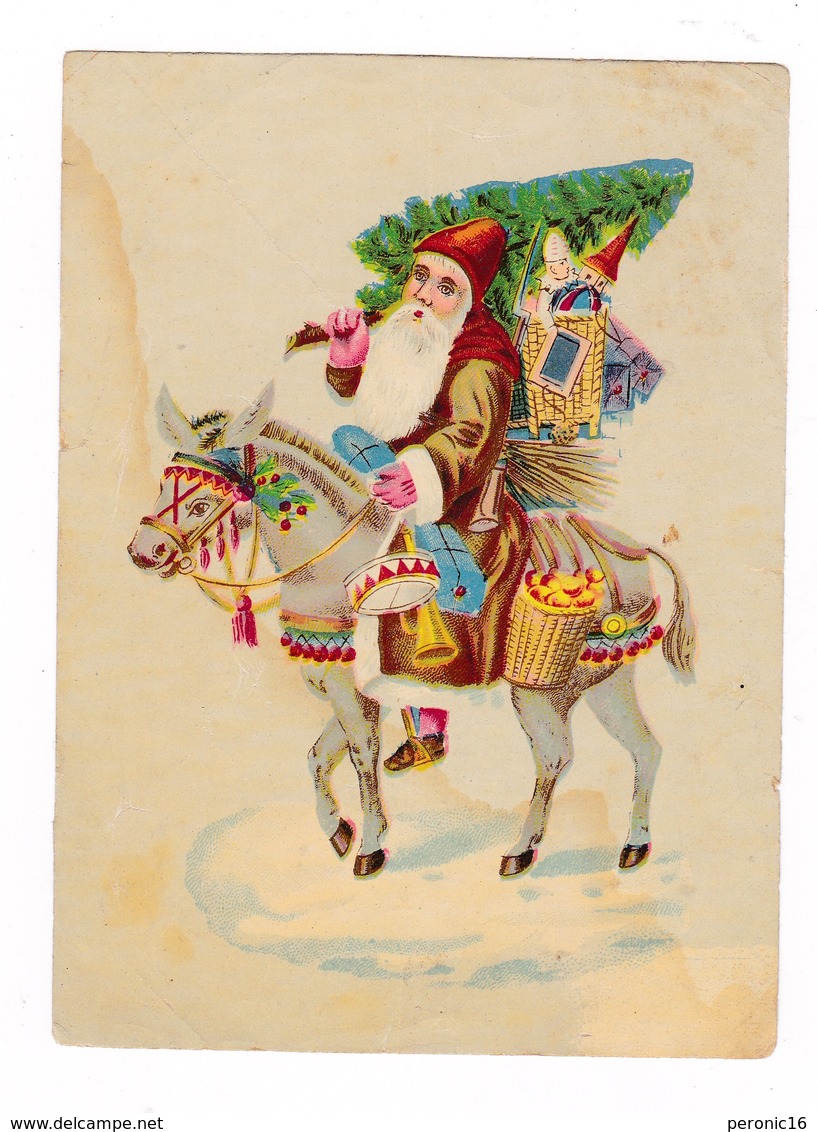 Jolie Chromo Non Publicitaire Papier Glacé, Fin XIXe Siècle, Père Noël, âne, Jouets - Kerstmannen
