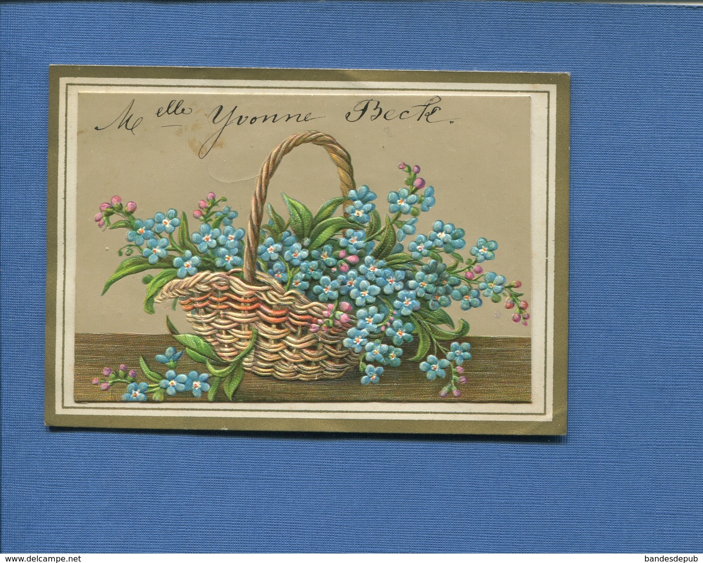 RARE Seclin Menu Chromo Gaufré Panier Myosotis  Daté 1882 Yvonne Beck - Seclin