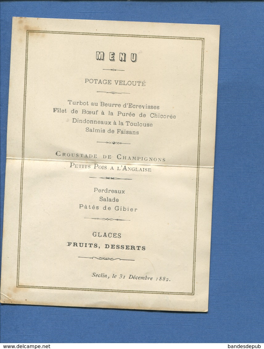 RARE Seclin Menu Chromo Gaufré Panier Myosotis  Daté 1882 Yvonne Beck - Seclin