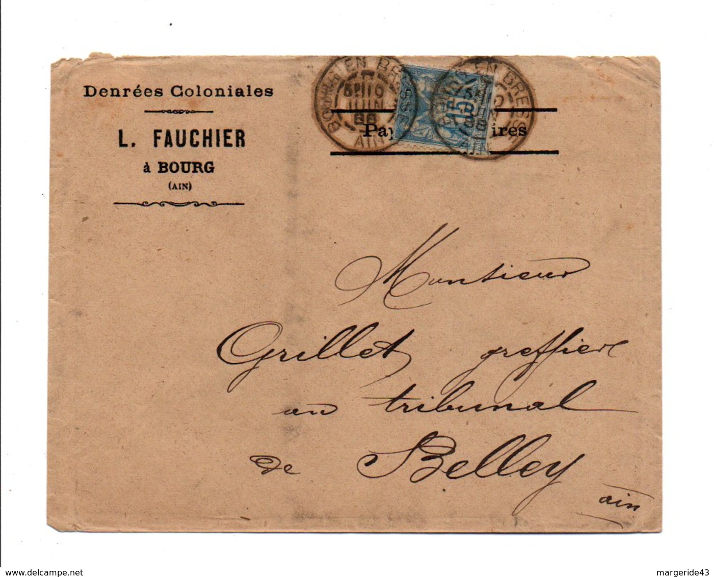 SAGE SUR LETTRE A EN TETE DE BOURG EN BRESSE AIN DU 10/6/1888 - 1877-1920: Periodo Semi Moderno