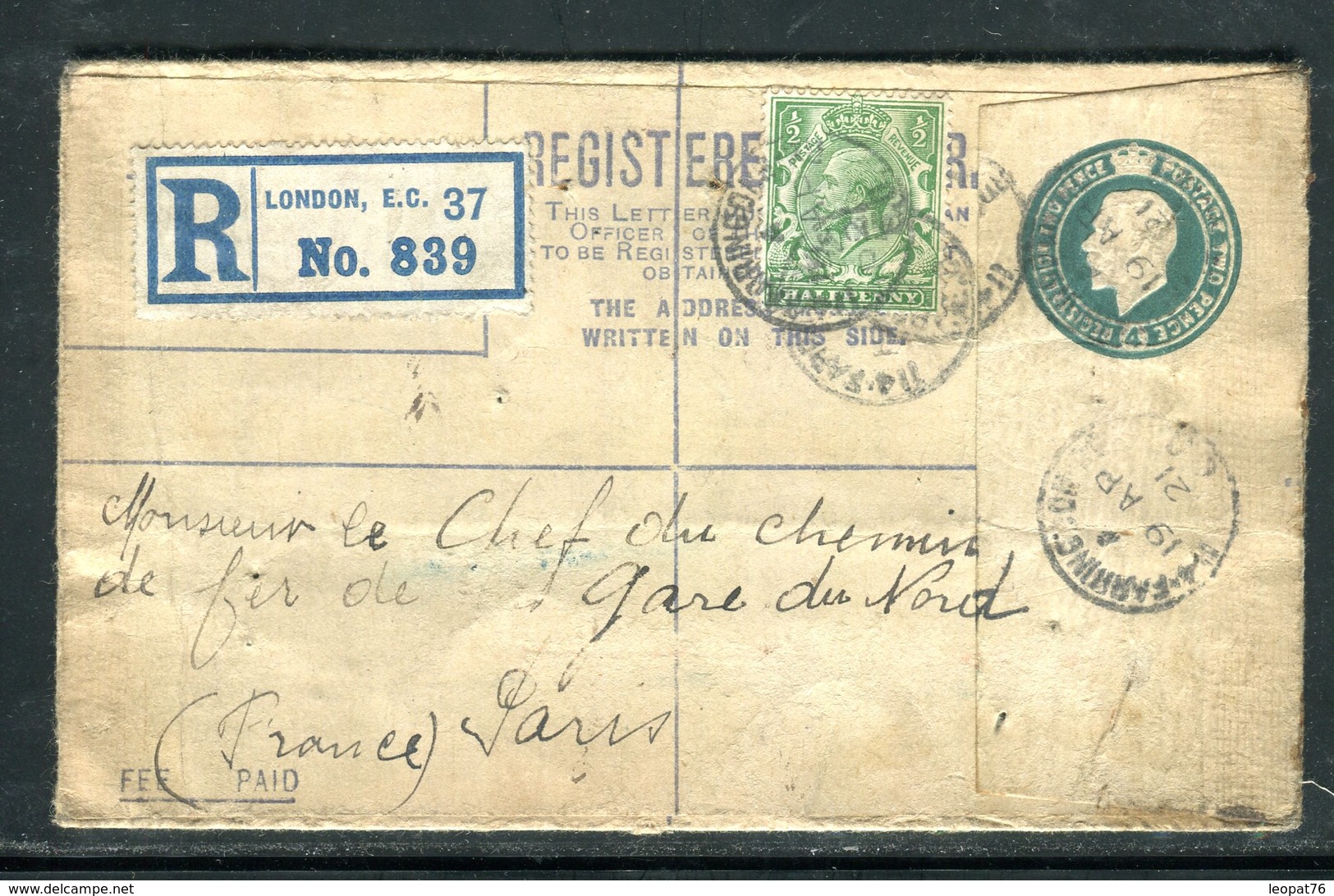 Royaume Uni - Entier Postal + Complément De Londres En Recommandé En 1921 Pour La France - Postwaardestukken