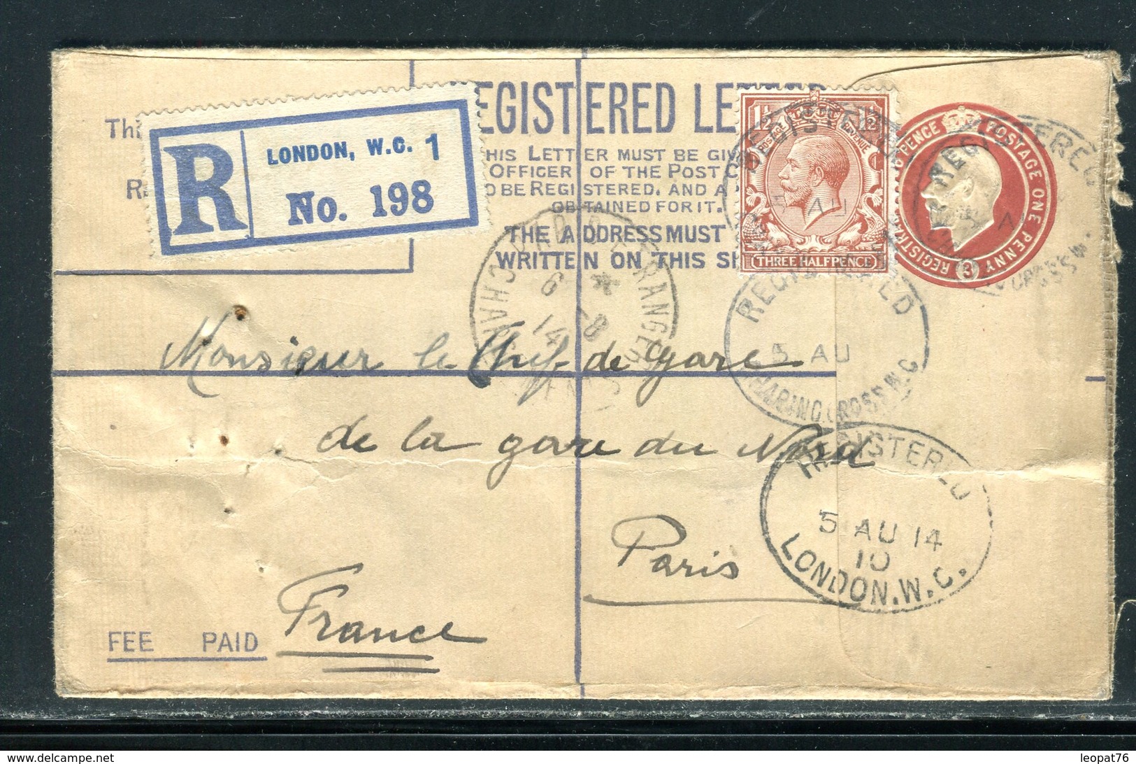 Royaume Uni - Entier Postal + Complément De Londres En Recommandé En 1914 Pour La France - Luftpost & Aerogramme