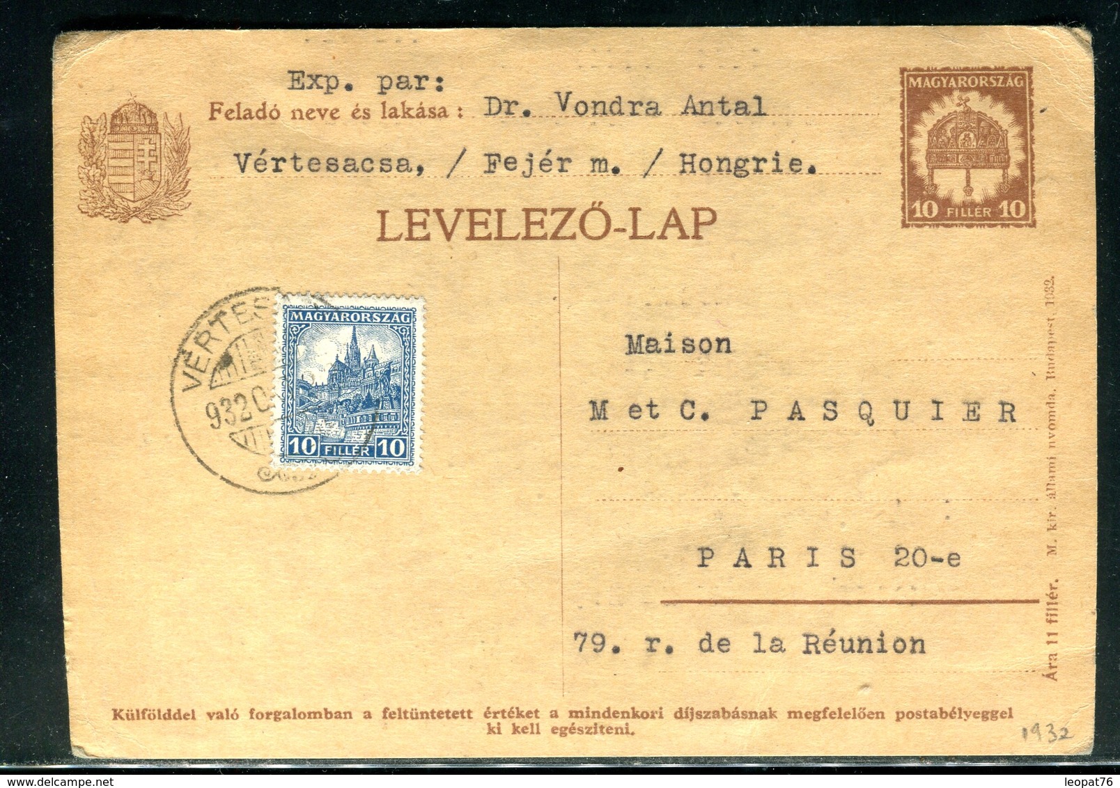 Hongrie - Entier Postal + Complément De Vertesacsa Pour La France En 1932 - Ganzsachen
