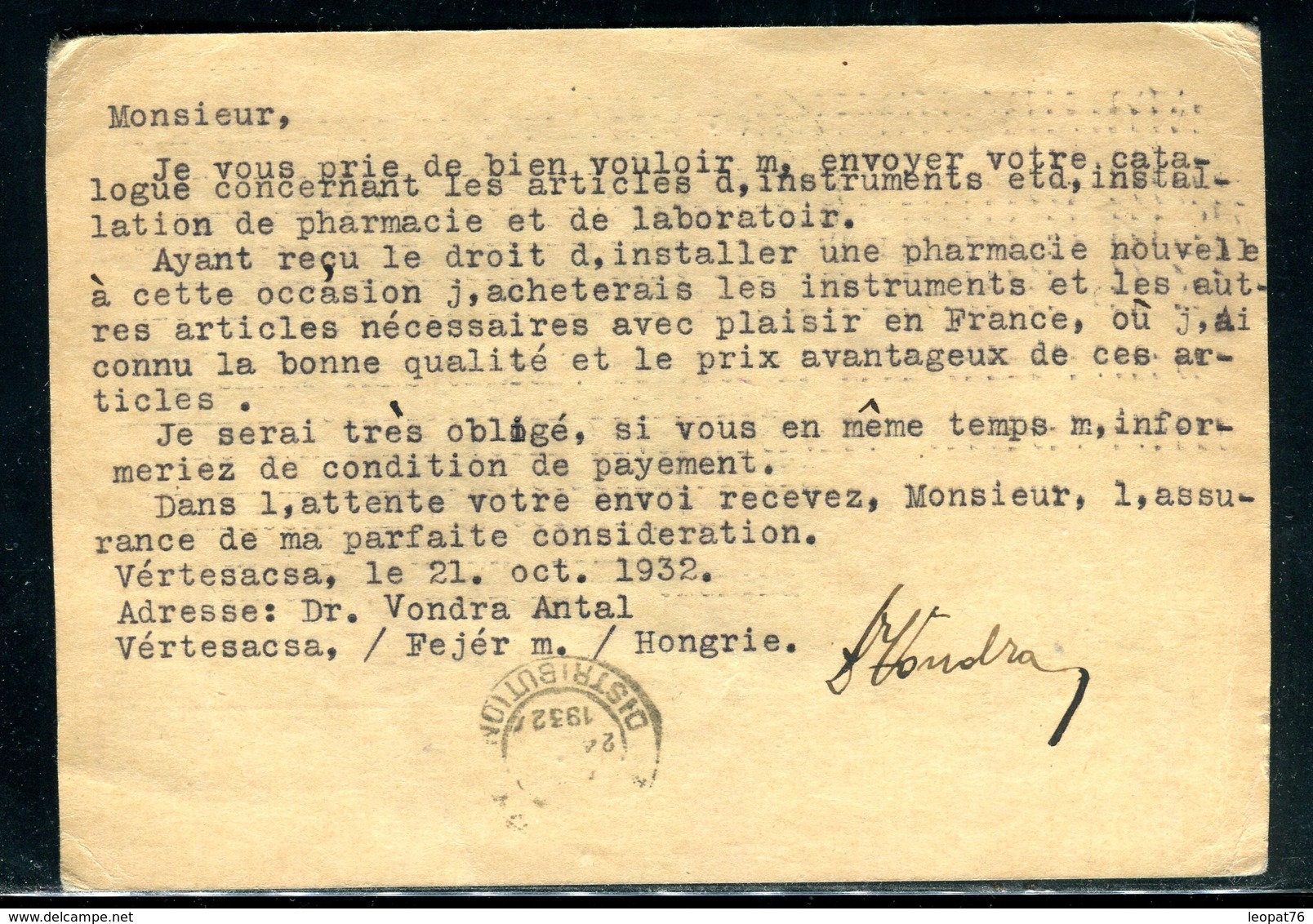 Hongrie - Entier Postal + Complément De Vertesacsa Pour La France En 1932 - Entiers Postaux