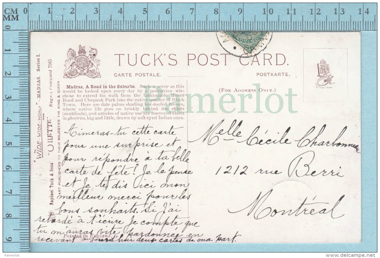 CPA Voyagé 1908 - Raphael Tuck Oilette, INDE - MADRAS A ROAD IN THE SUBURDS - N°7065 - Stamp CND #89 - Tuck, Raphael
