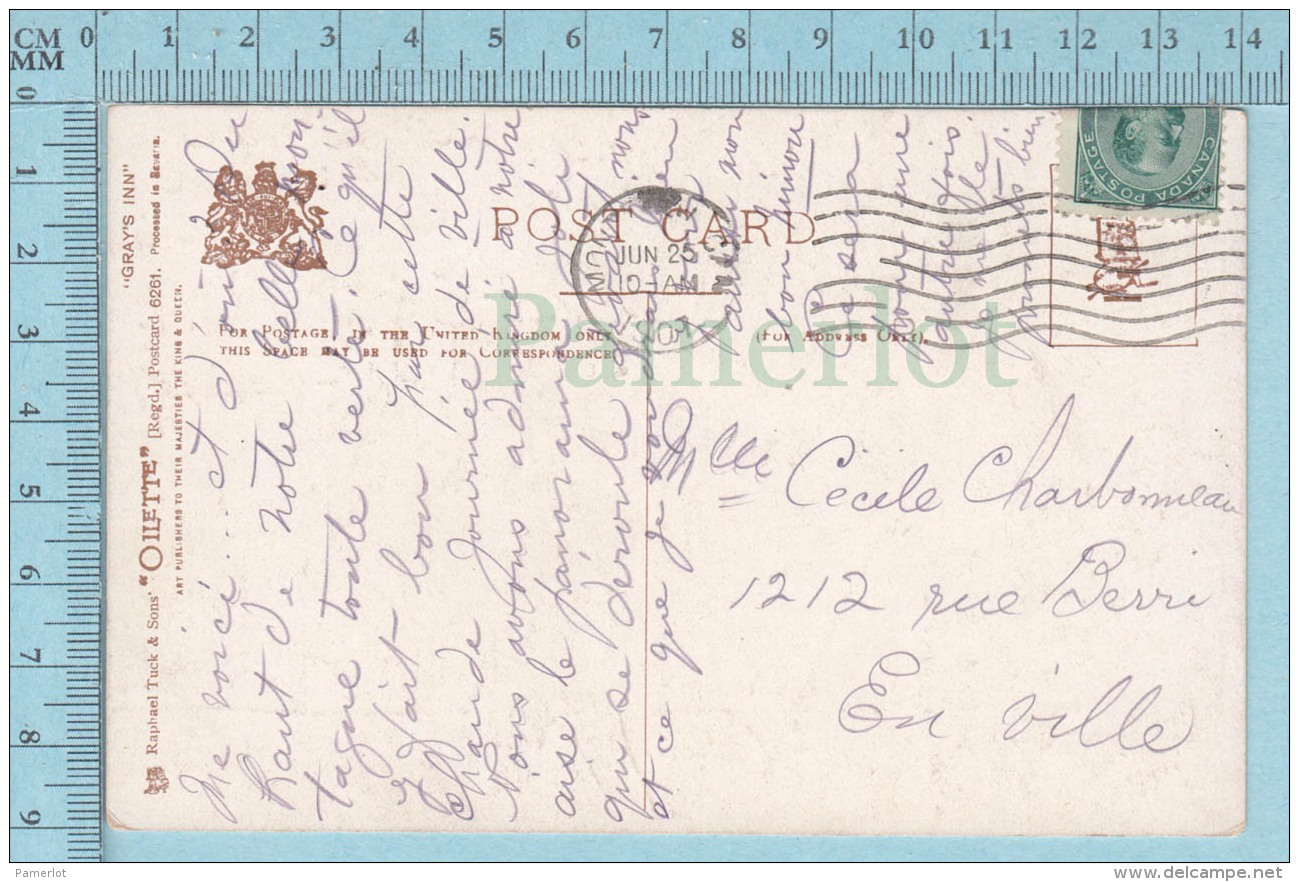 CPA Voyagé 1907 - Raphael Tuck Oilette,  -GrayS Inn, The Hall From South Square, C. F. Flower  #6261 - Stamp CND #89 - Tuck, Raphael