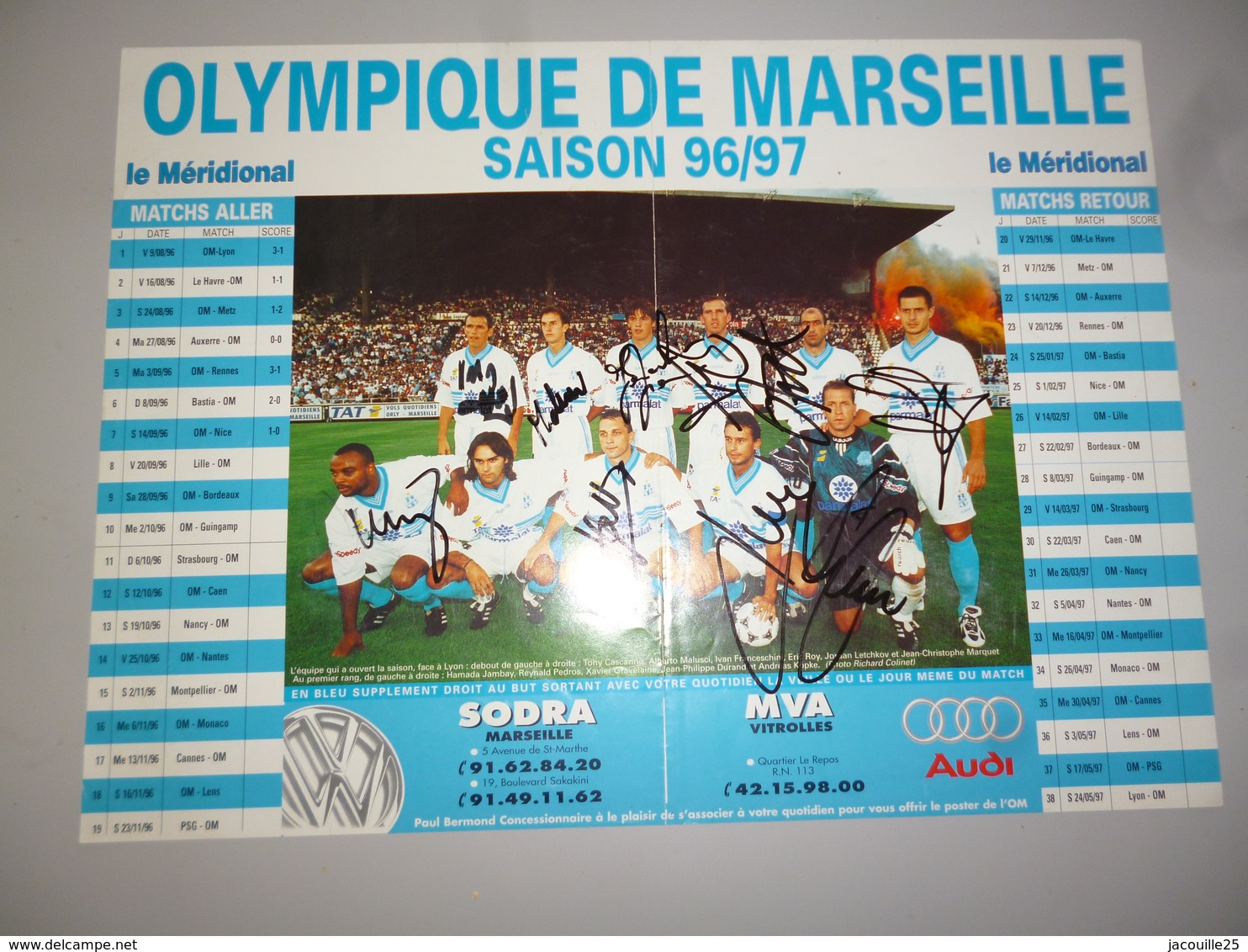 POSTER COLLECTOR 20  FOOT FOOTBALL OM OLYMPIQUE DE MARSEILLE  38 X 28 CMS DEDICACES - Autres & Non Classés