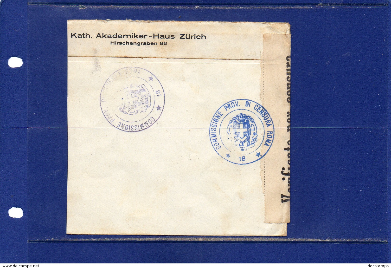 ##(DAN187)-1940 - Cover From Zurich To Pontificio Istituto Biblico-Roma, Censored - Storia Postale