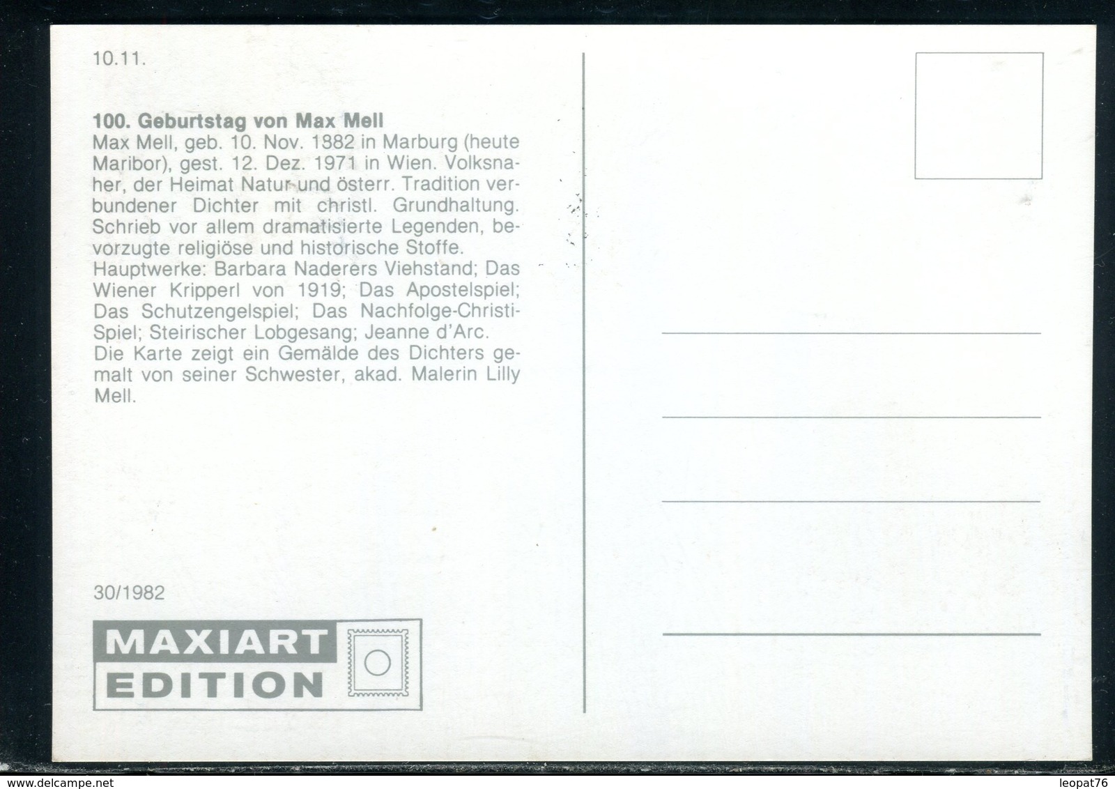 Autriche - Carte Maximum 1982 - Max Mell - Cartas Máxima