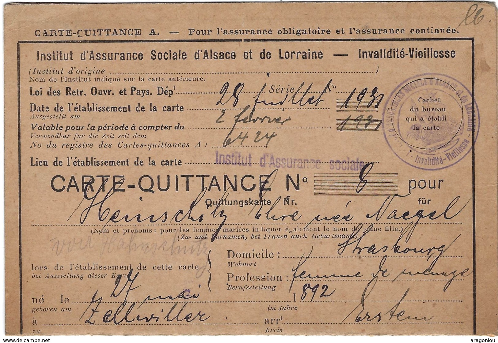 Carte-Quittance Institut D'Assurance Alsace-Lorraine, Strasbourg, 30.4. 1936 (4scans) - Documents Historiques