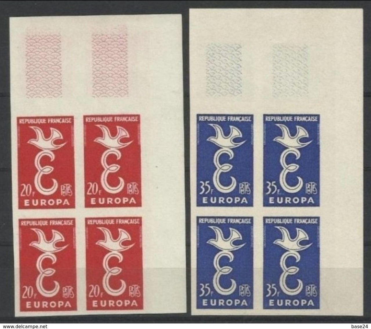 1958 Francia France EUROPA  CEPT EUROPE Varietà 'Non Dentellato' 4 Serie Di 2v.  MNH** In Quartina BL.4 Colomba Dove - 1958