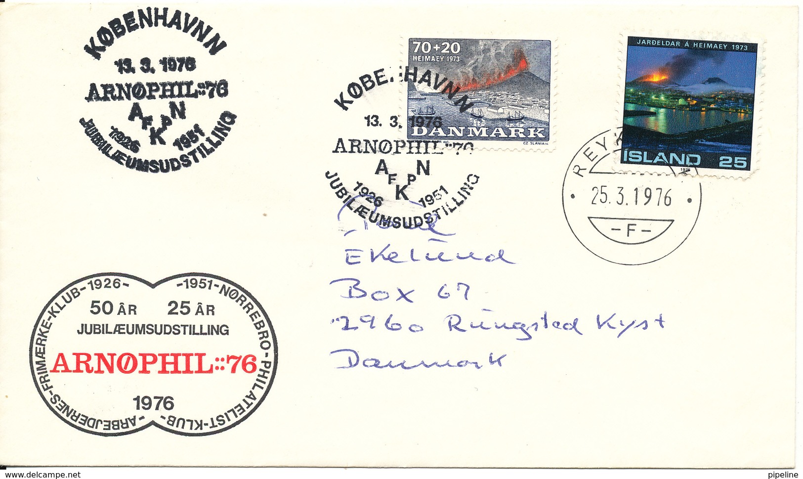 Iceland & Denmark Cover With VOLCANO HEIMAEY EUROPTION 1973 With 2 Different Cancels - Lettres & Documents