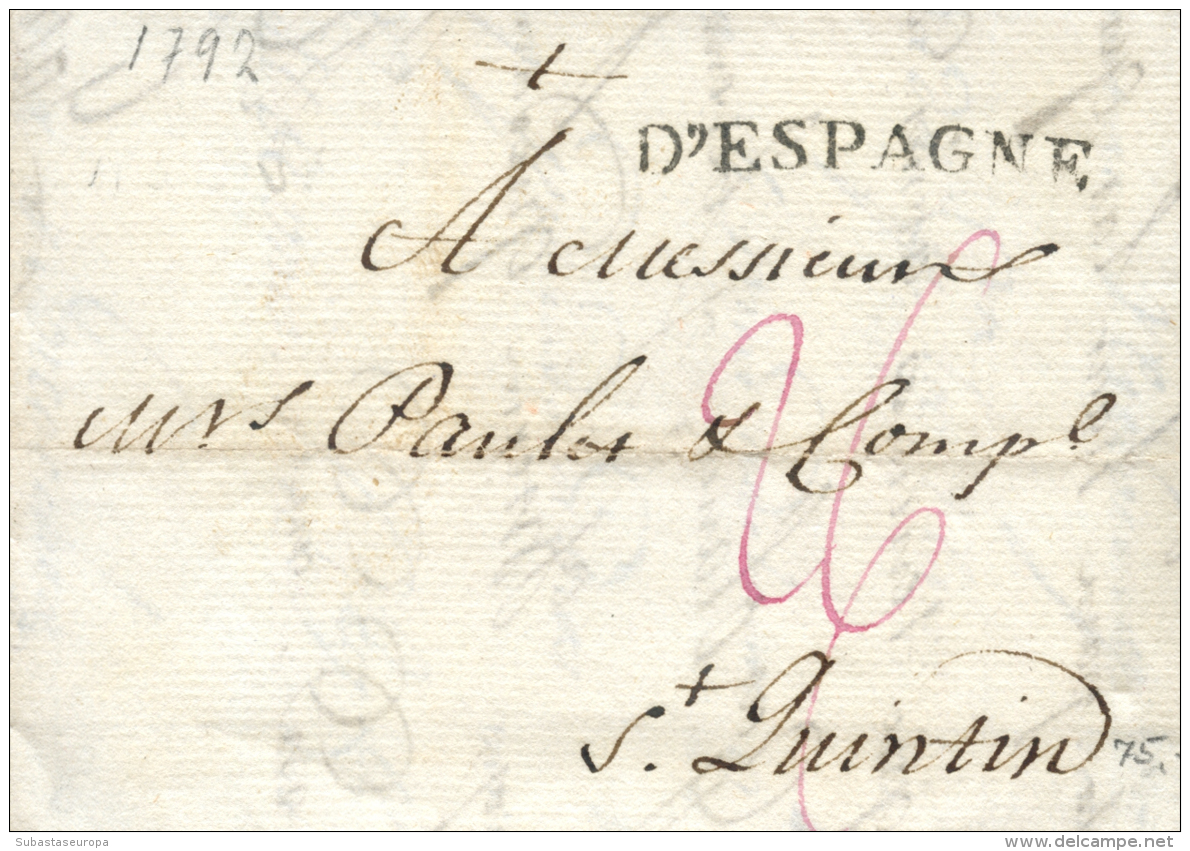 D.P. 1. 1792. Carta De Madrid A Francia, Marca Lineal ""D'ESPAGNE"". Preciosa Y Rara. - ...-1850 Prefilatelia