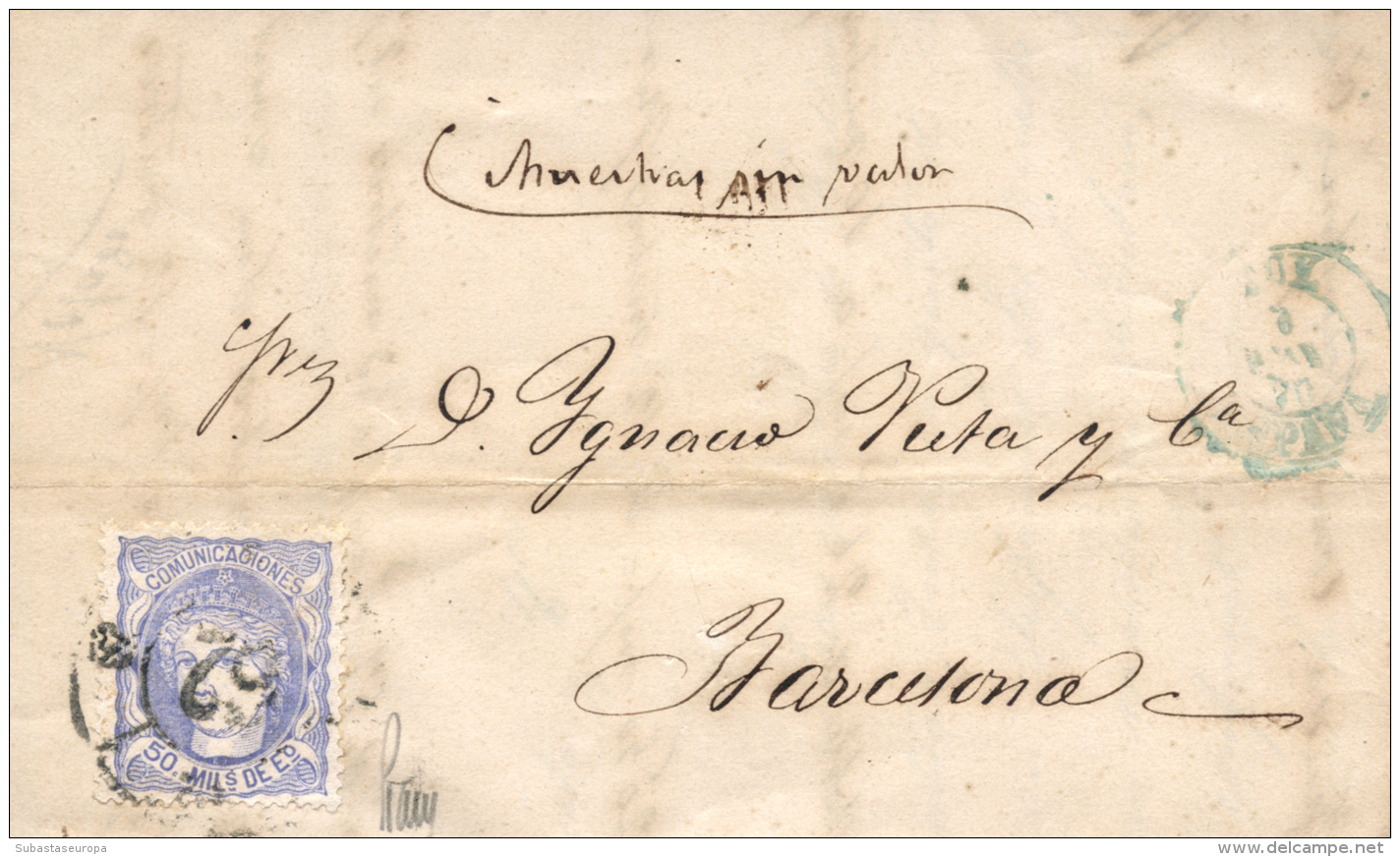 Ø 107 En Carta Fechada En Tuy, El 6 Abril De 1870, A Barcelona. Mat. R.C. ""62"". Rara. Firmada Graus. - Brieven En Documenten