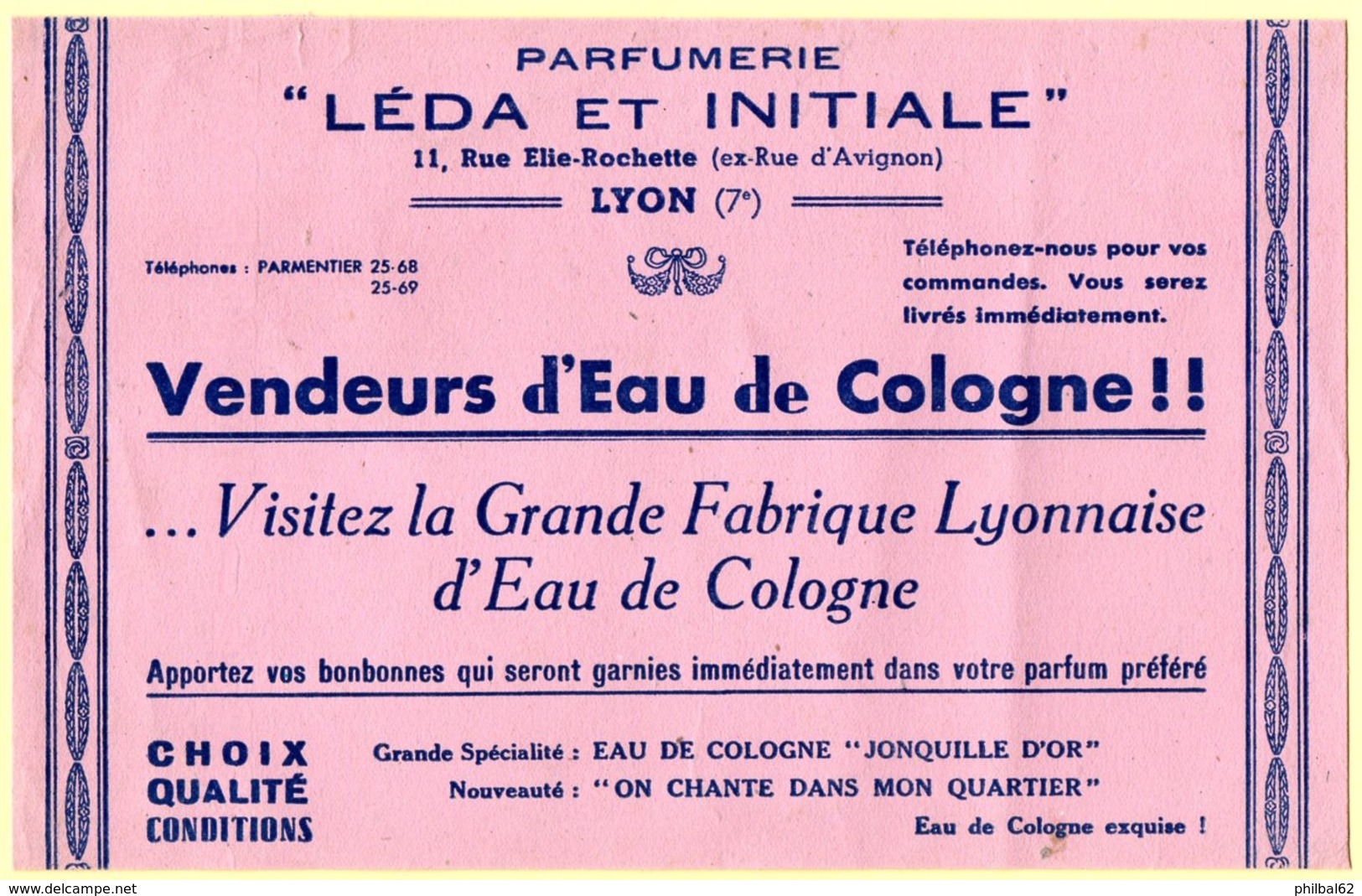Buvard Eau De Cologne. Parfumerie Léda Et Initiale à Lyon. - Parfum & Cosmetica