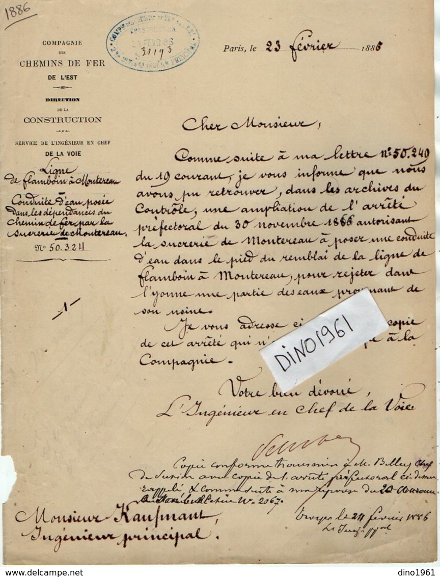 VP12.702 - PARIS 1885 - Lettre De La Cie Des Chemins De Fer De L'Est Concernent La Ligne De FLAMBOIN à MONTEREAU - Spoorweg