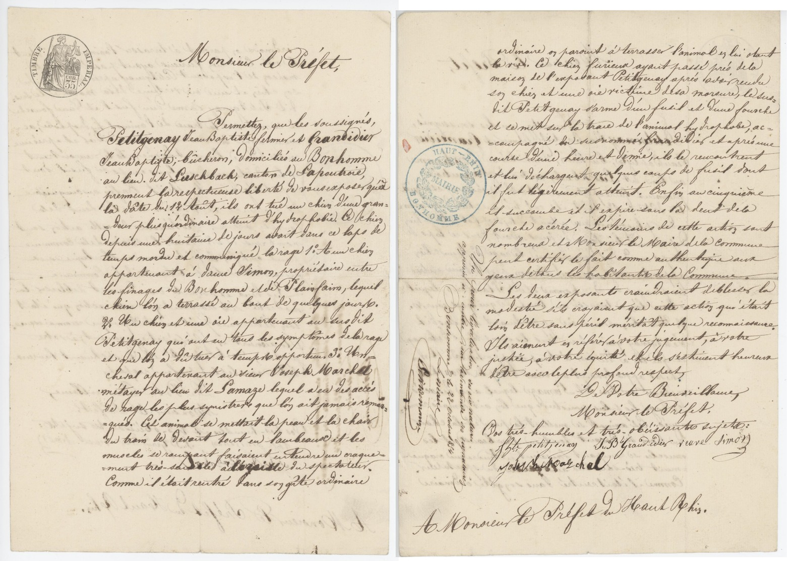 Au Bonhomme Lieu Dit Luschbach Lapoutroie 22.10.1854 Papier Timbré - 1801-1848: Precursors XIX