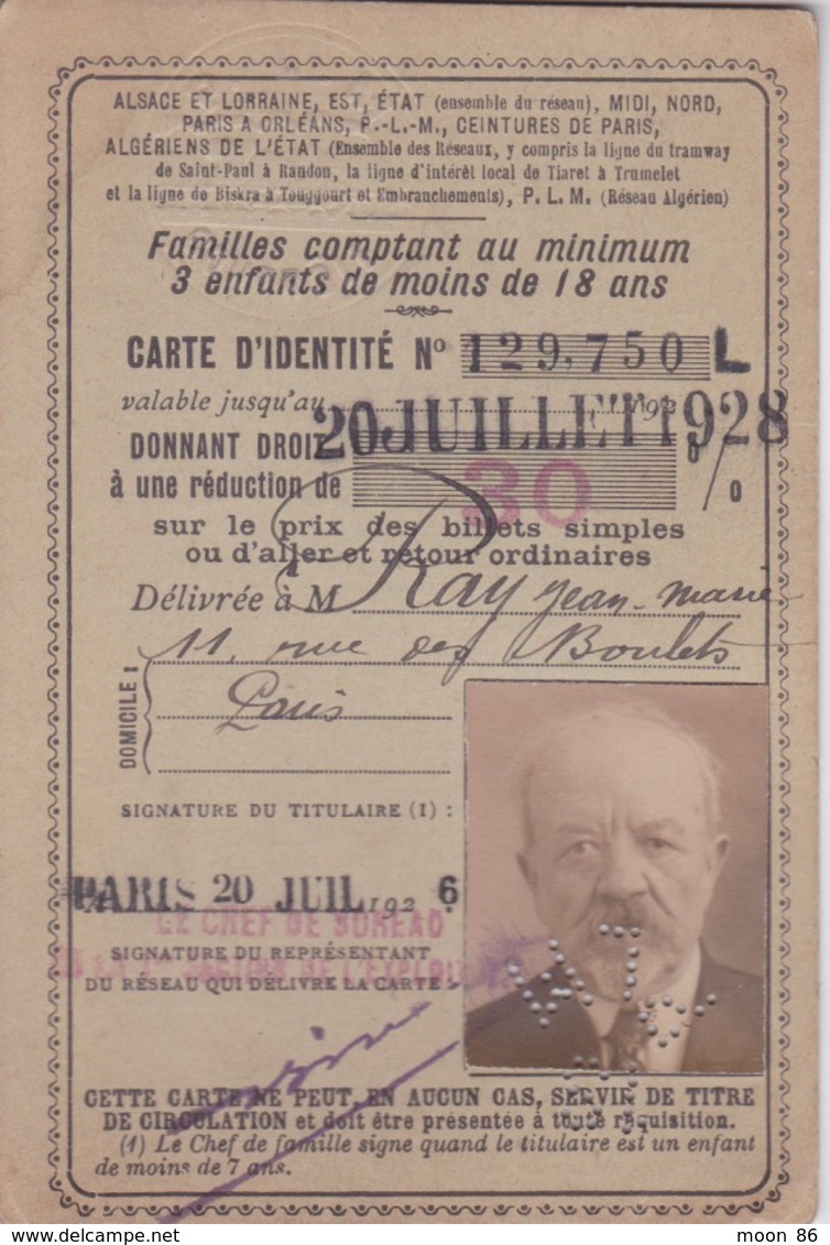 Carte Identité Réduction Chemin De Fer Français Et Algériens PLM 1926 - Autres & Non Classés