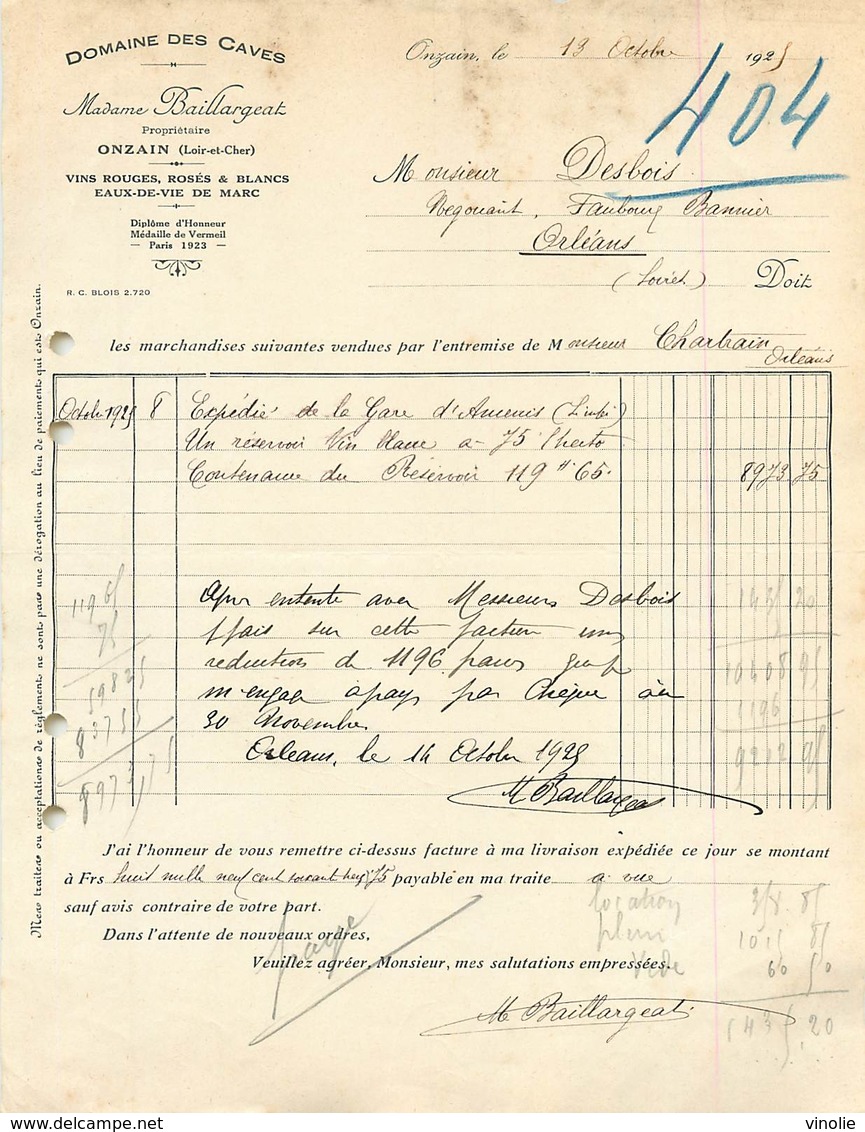 VP-GF.18-476 : DOMAINE DES CAVES. MADAME BAILLARGEAT ONZAIN.. LOIR-ET-CHER. 1925 - Autres & Non Classés