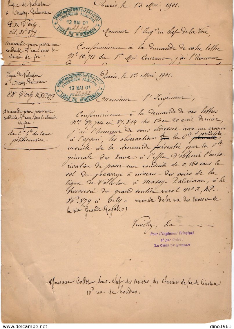 VP12.708 - PARIS 1901 - 2 Lettres De La Cie Des Chemins De Fer De L'Est Ligne De VINCENNES - VALENTON à MASSY PALAISEAU - Ferrocarril