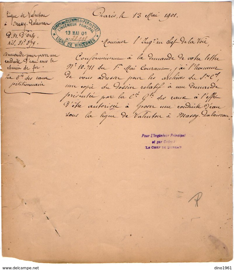 VP12.708 - PARIS 1901 - 2 Lettres De La Cie Des Chemins De Fer De L'Est Ligne De VINCENNES - VALENTON à MASSY PALAISEAU - Ferrovie