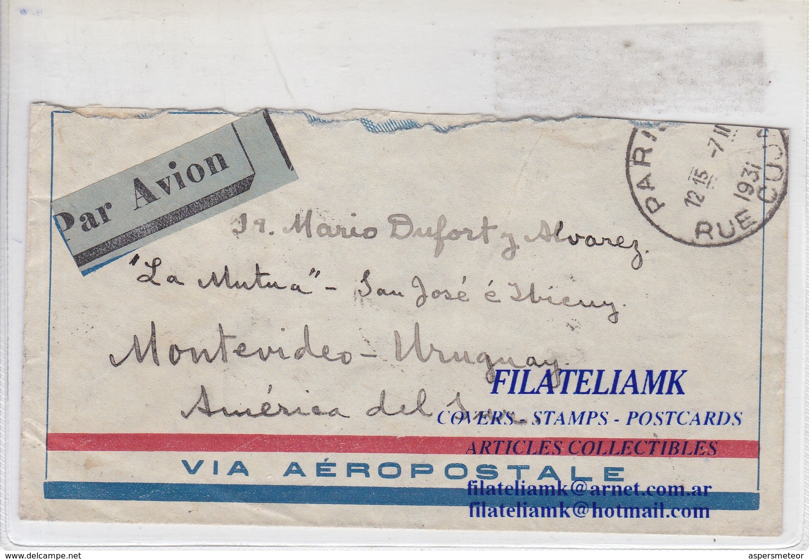 AIRMAIL CIRCULEE PARIS TO MONTEVIDEO URUGUAY CIRCA 1931 BANDELETA PARLANTE BLOCK STAMP - BLEUP - 1927-1959 Covers & Documents