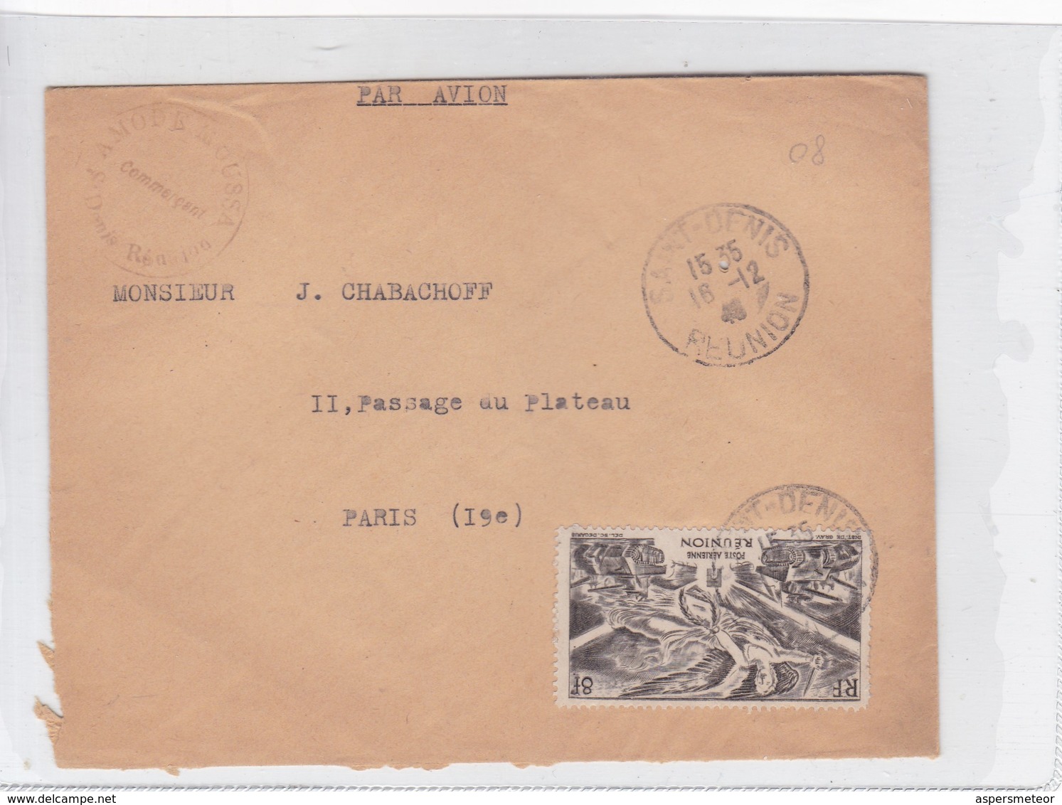 SOBRE ENVELOPE CIRCULEE TO PARIS YEAR 1948 REUNION- BLEUP - Storia Postale