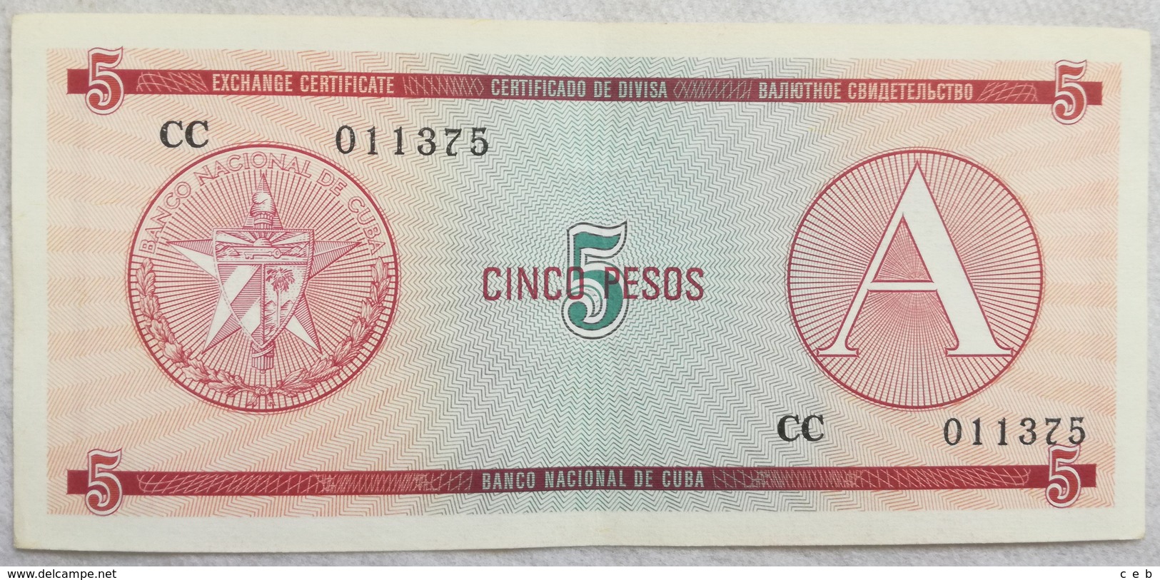 Billete Cuba. 5 Pesos. Serie A. 1985. Certificado De Divisa.  Banco Nacional De Cuba - Cuba