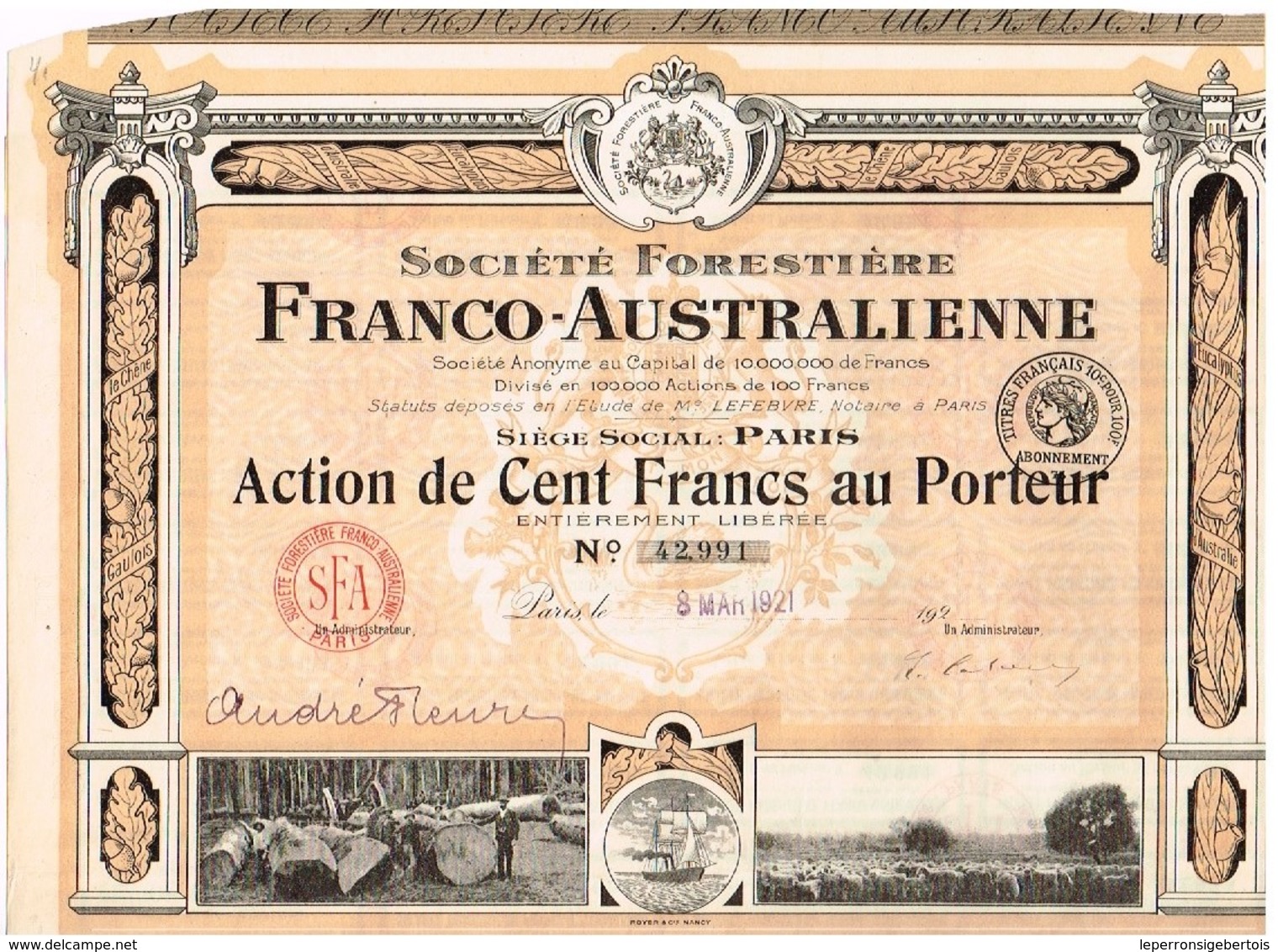 Action Ancienne - Société Forestière Franco-Australienne - Titre De 1921 - Titre N° 42991 - Agriculture