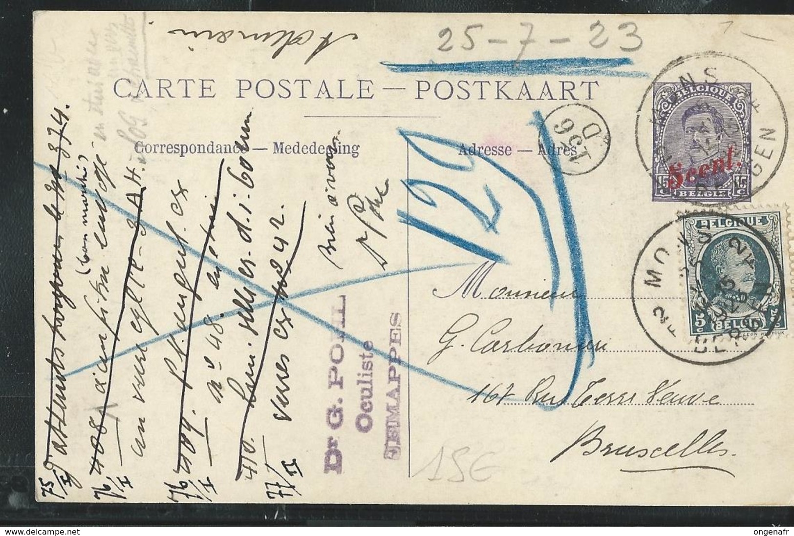 Carte  N° 16. B.  Paquebots; Obl. Mons-Bergen 1923 - Cartes Paquebot