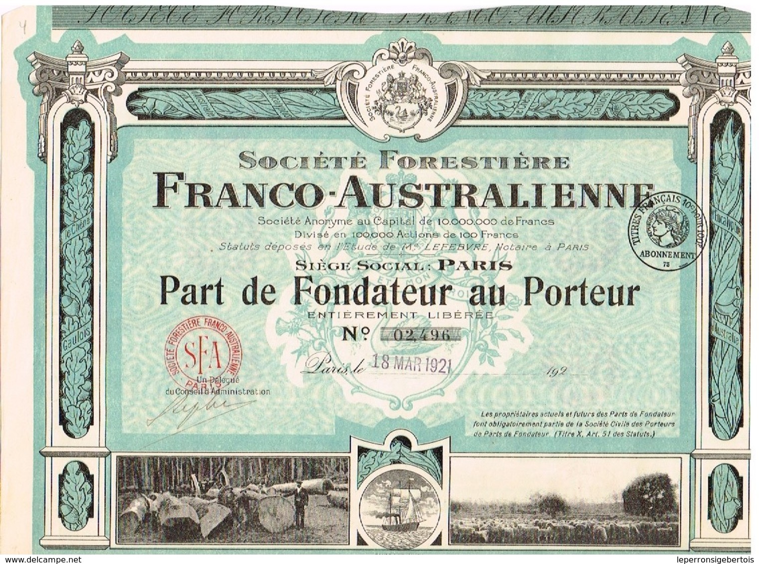 Action Ancienne - Société Forestière Franco-Australienne - Titre De 1921 - Titre N° 02496 - Agriculture