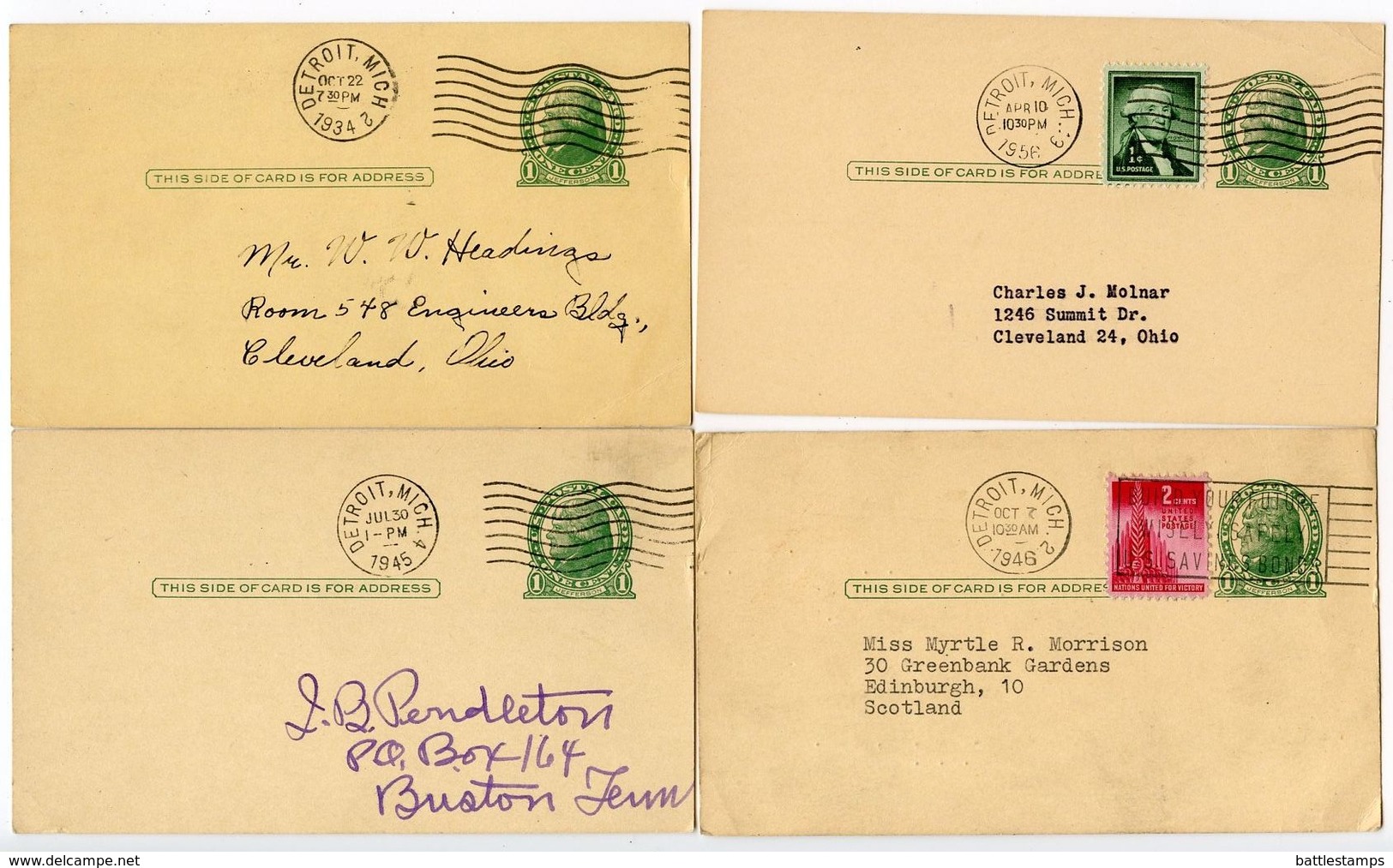 United States 1934/1956 5 Postal Cards, Scott UX27 And UX38 - 1921-40