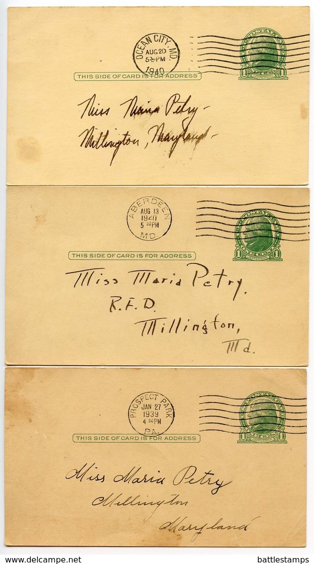 United States 1939-40 3 UX27 Postal Cards W/ Maryland & Pennsylvania Cancels - 1921-40